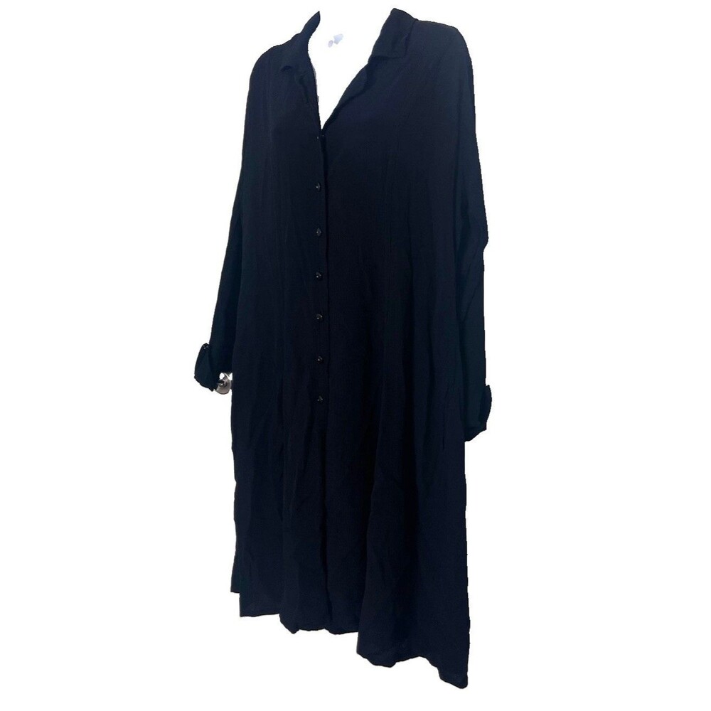 Flax Jeanne Engelhart Size Large Midi Button Front Shirt Dress Black Lagenlook - Picture 3 of 12